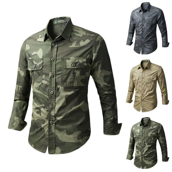 DDAPJ pyju Men's Camo Hunting Shirts Long Sleeve Cotton Work Shirt Lightweight Cooling Button Down Shirts with Pockets Gray XXXL