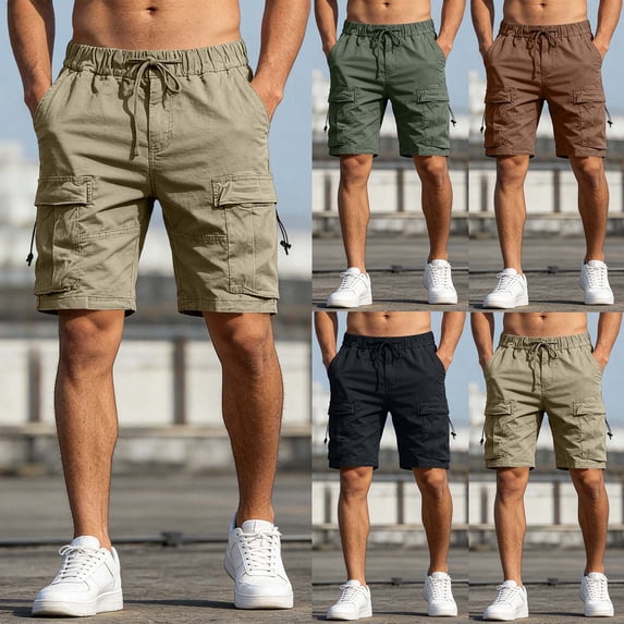 DDAPJ pyju Men's Casual Cargo Shorts Drawstring Elastic Waist Shorts Summer Hiking Work Shorts with Multi Pockets Army Green M