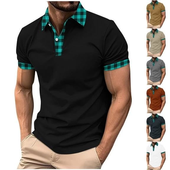 DDAPJ pyju Men's Casual Polos Shirts Slim Fit Short Sleeve Button Collar T-Shirt Lightweight Golf Tee Tops Black L