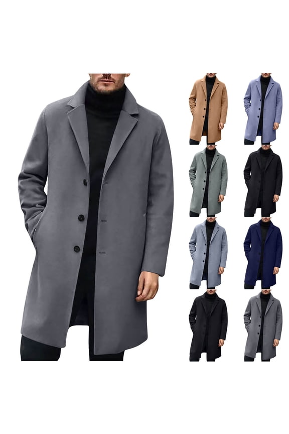 Men's Casual Trench Coat Slim Fit Notched Collar Long Jacket Overcoat Single Breasted Pea Coat wih Pockets Khaki XL