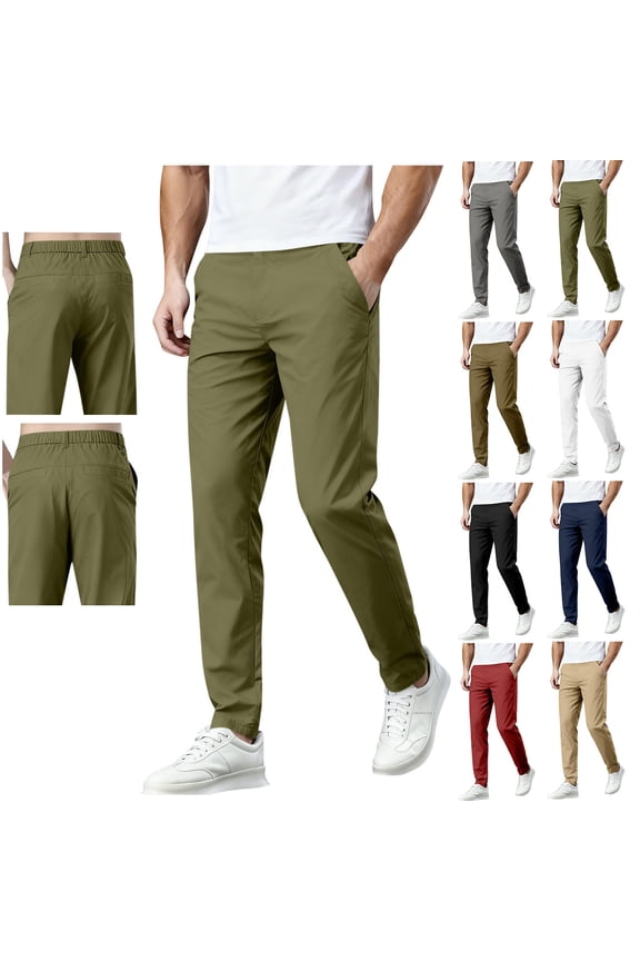 Men's Chino Pants Slim Fit Casual Dress Pants Elastic Waist Tapered Golf Trousers with Pockets Khaki M