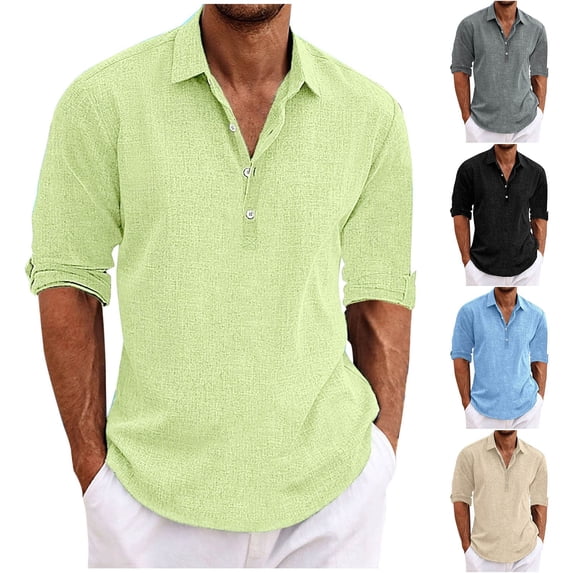 DDAPJ pyju Men's Cotton Linen Polo Shirt Rolled Up Long Sleeve Collared Shirts Lightweight Breathable Casual Golf Polos Light Blue XXXL