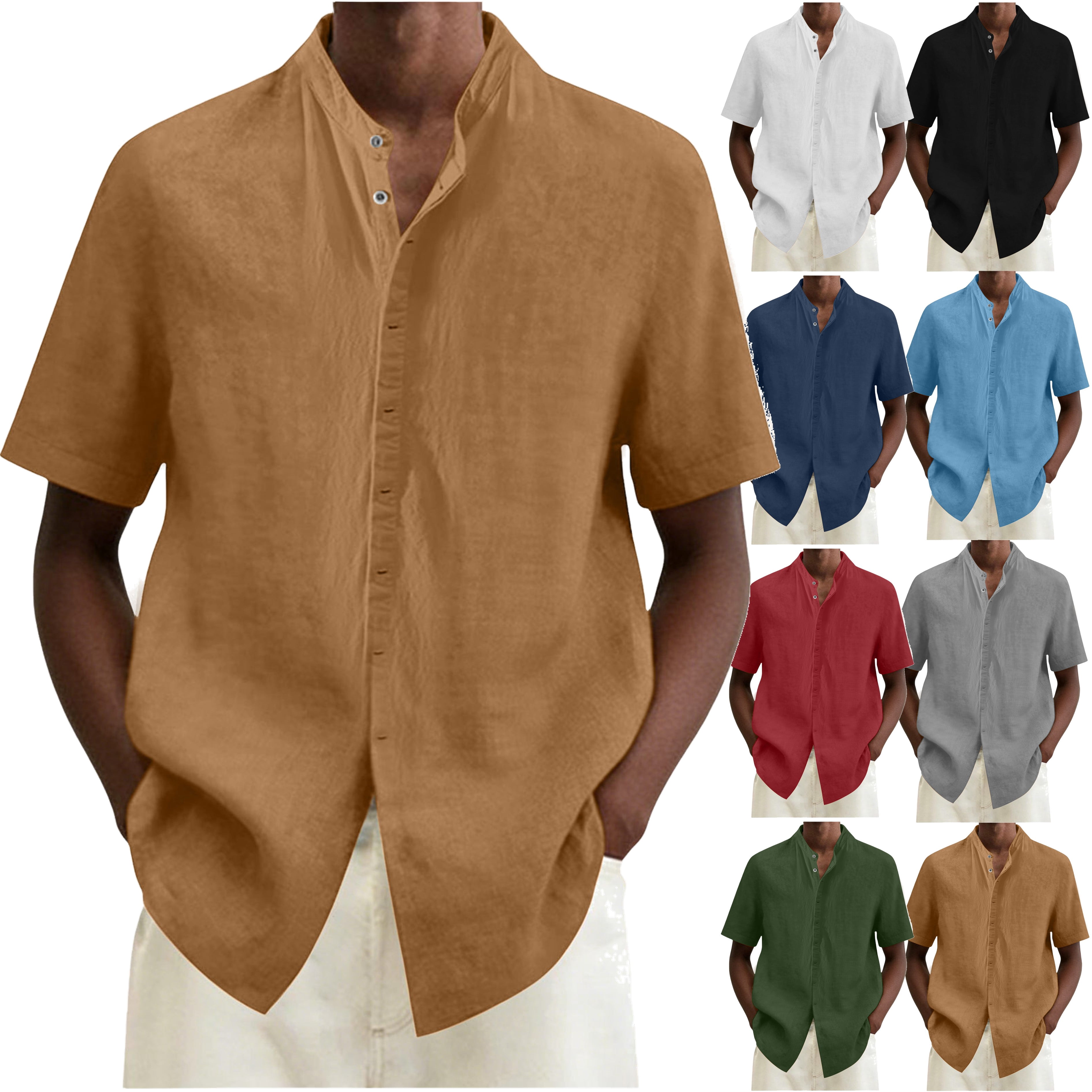 DDAPJ pyju Men's Cotton Linen Shirts Short Sleeve Casual Button Down ...