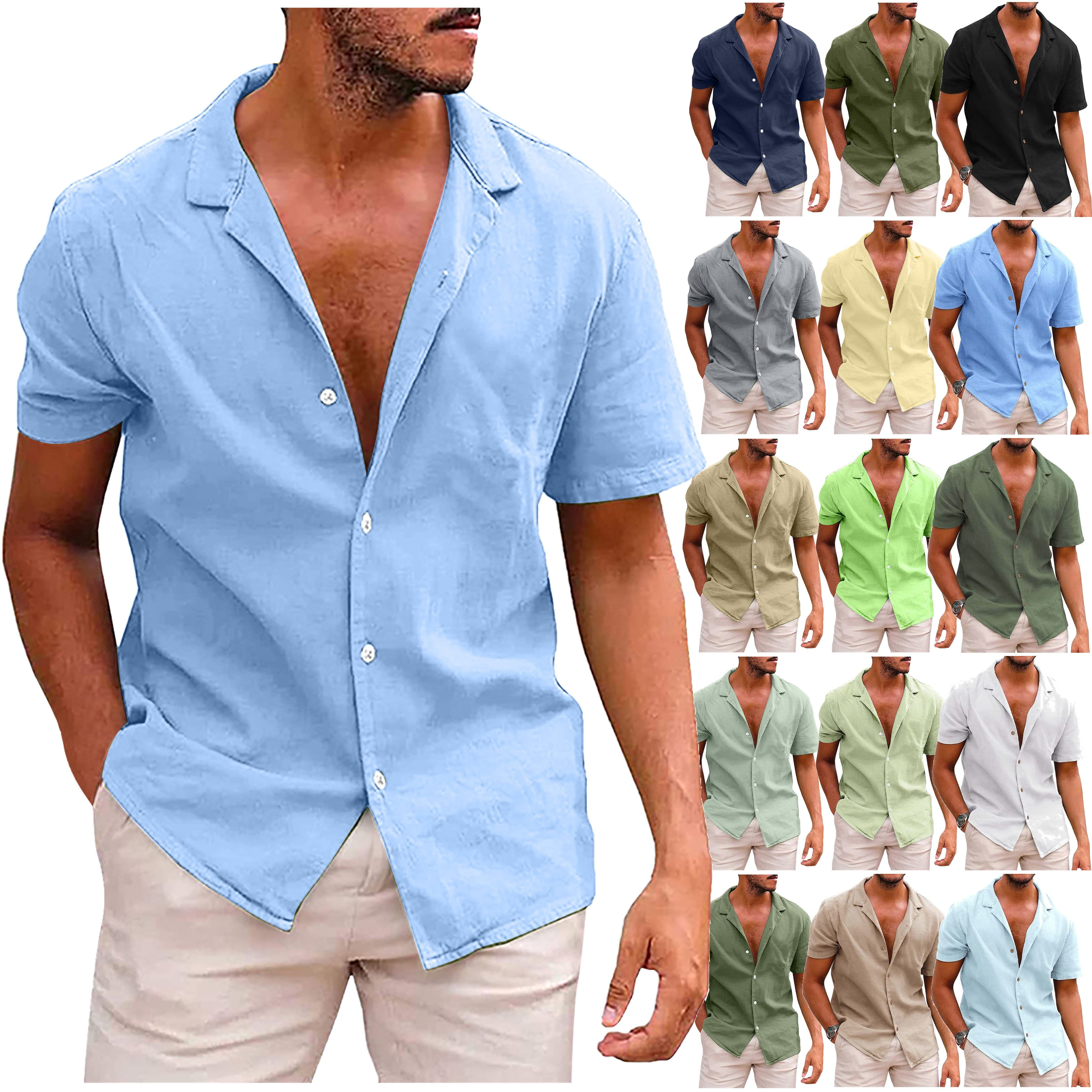 DDAPJ pyju Men's Cotton Linen Short Sleeve Shirts Casual Button Down ...