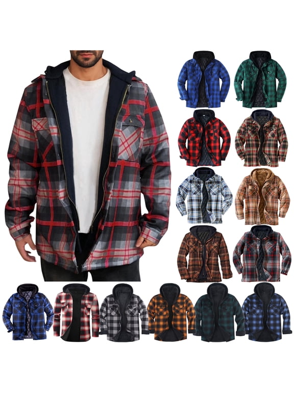 Men's Cotton Plaid Shirts Jacket Fleece Lined Flannel Shirts Sherpa Button Down Jackets with Hood for Men Dark Blue XXL