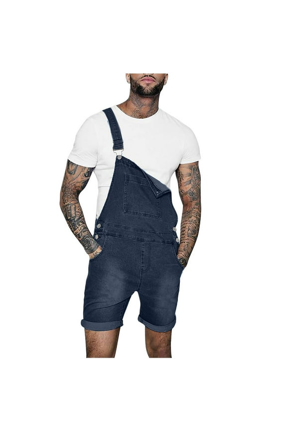 Men's Denim Bib Overalls, Short Jeans Jumpsuit for Men Slim Fit Above Knee Length Rompers Workwear Walk Dungaree Pants Jumpsuit with Pocket