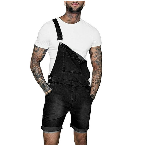 DDAPJ pyju Men's Denim Bib Overalls, Short Jeans Jumpsuit for Men Slim Fit Above Knee Length Rompers Workwear Walk Dungaree Pants Jumpsuit with Pocket