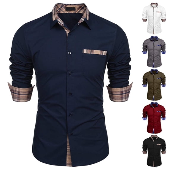 DDAPJ pyju Men's Dress Shirts Plaid Patchwork Long Sleeve Formal Shirt Business Casual Button Down Shirts with Chest Pocket White XXXL