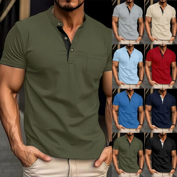 DDAPJ pyju Men's Fashion Henley Shirt Slim Fit Stretch Short Sleeve 3 Button T-shirt Summer Casual Workout Tees Limited Time Sales Blue L
