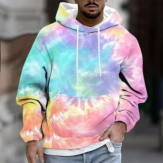DDAPJ pyju Men's Fashion Hoodies Tie Dye Print Hooded Sweatshirt Loose Casual Pocket Hoodie Drawstring Pullover Sweatshirts with Kangaroo Pocket Pink L