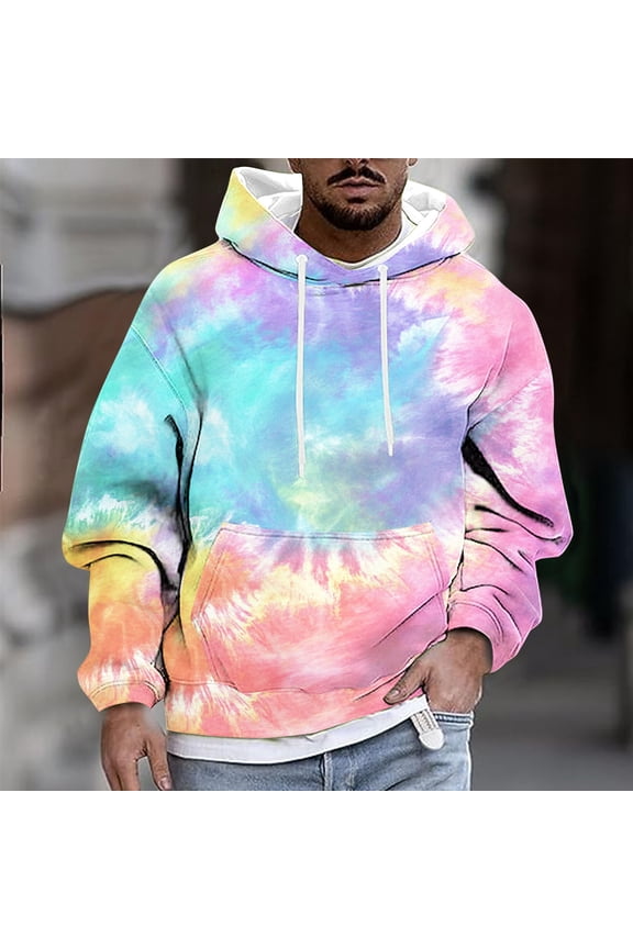 Men's Fashion Hoodies Tie Dye Print Hooded Sweatshirt Loose Casual Pocket Hoodie Drawstring Pullover Sweatshirts with Kangaroo Pocket Pink L