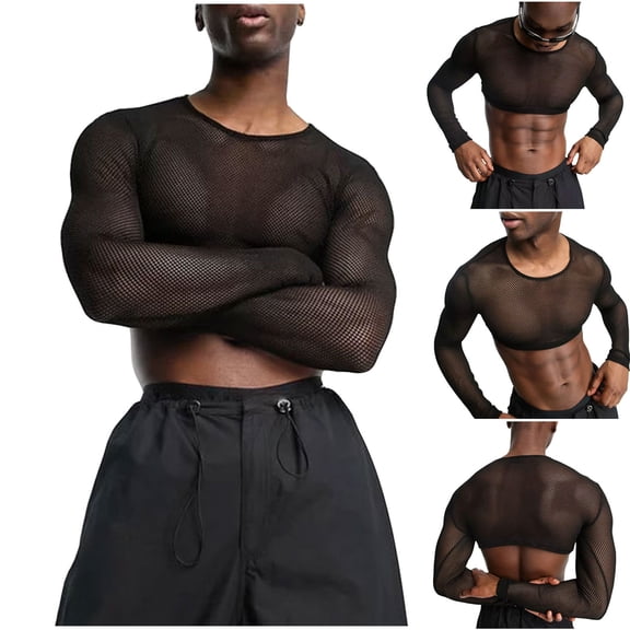 DDAPJ pyju Men's Fishnet Mesh Round Neck Long Sleeve T Shirt See Throught Tee Tops Disco Party Club Tees Black L