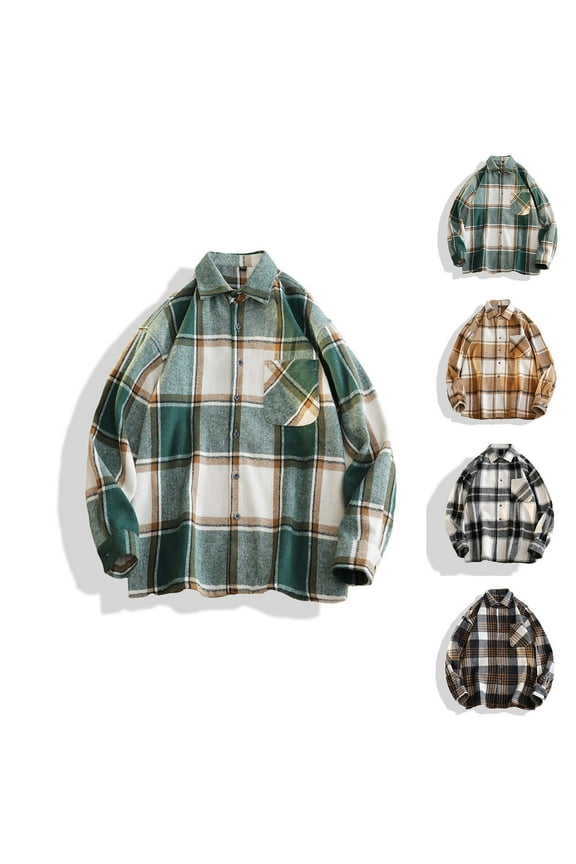Men's Flannel Plaid Shirt Loose Fit Long Sleeve Casual Button Down Shirts Lightweight Gingham Shirt Fall Trendy Lapel Collar Tops Green L