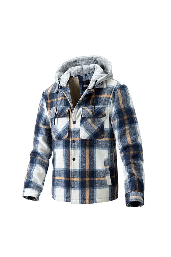 Men's Flannel Plaid Shirts Jacket Fleece Lined Button Down Checked Shirts Winter Warm Sherpa Coat with Quilted Hood for Men on Clearance Blue M