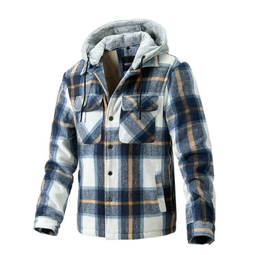 DDAPJ pyju Men's Flannel Shirt Jacket 2023 Clearance, Fleece Lined Plaid Shirts Long Sleeve Button Down Hoodie Coat Winter Warm Outwear with Multi Pockets Blue XL
