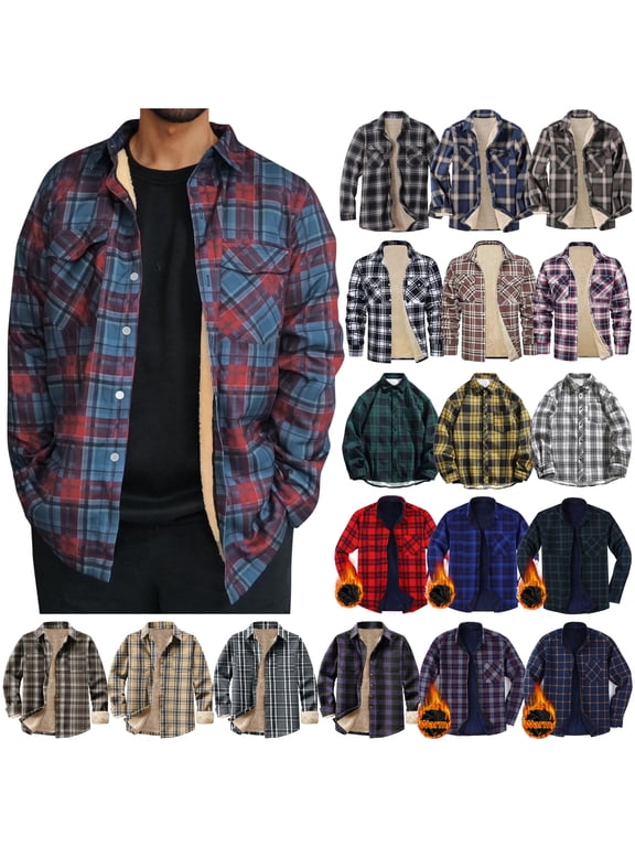 Men's Flannel Shirt Jacket Fleece Lining Plaid Jackets Winter Warm Trucker Jacket Outdoor Work Coats with Double Pockets Sky Blue XXXXXL