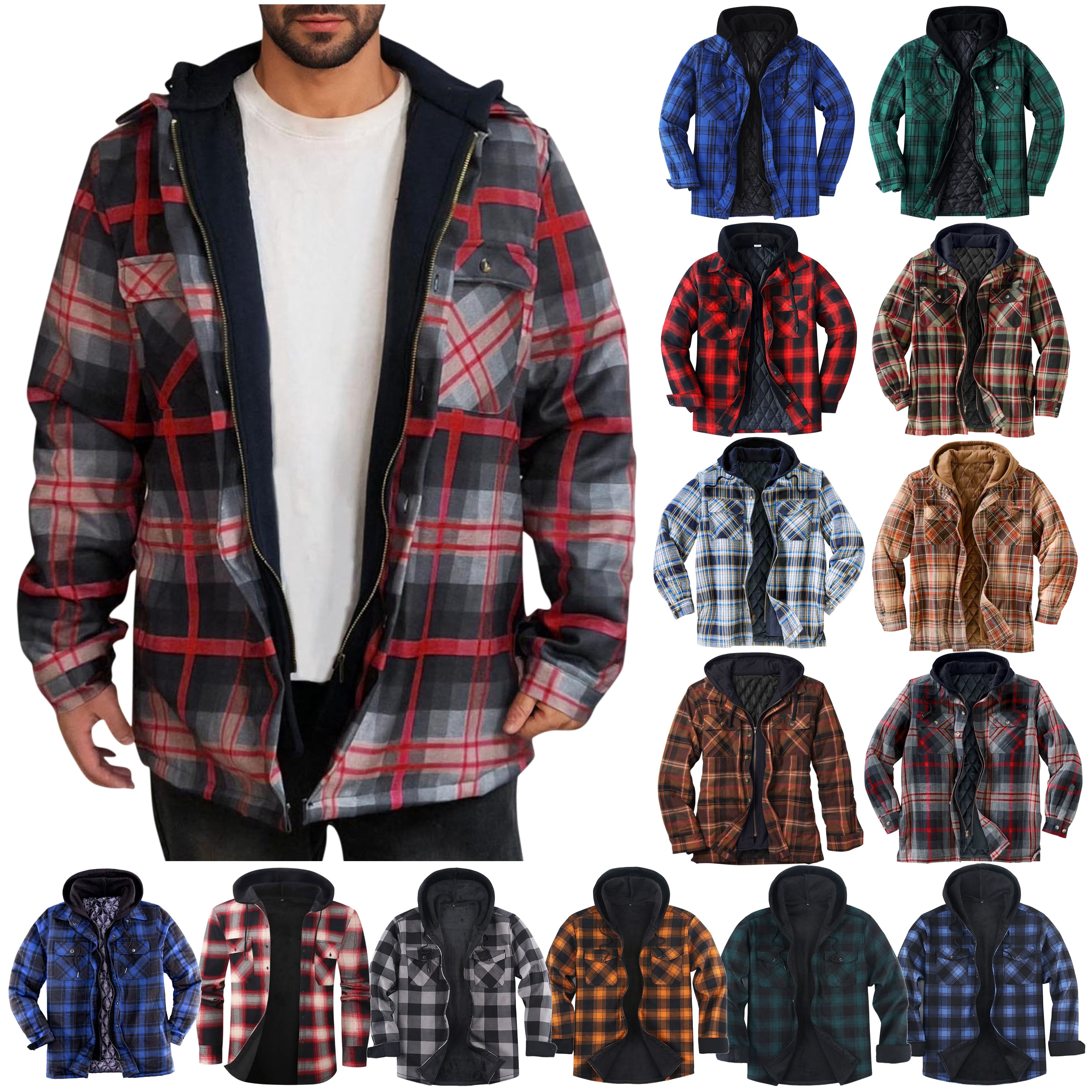 DDAPJ pyju Men's Flannel Shirt Jacket with Hood Fleece Lined Plaid Jacket Big and Tall Zip Up Winter Warm Coat Light Blue M