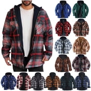 Men's Flannel Shirt Jacket with Hood Fleece Lined Plaid Jacket Big and Tall Zip Up Winter Warm Coat Yellow XXL