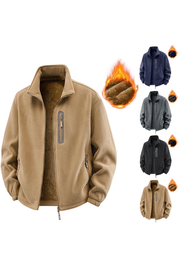 Men's Fleece Lined Jackets Full Zip Lightweight Casual Athletic Jacket Soft Warm Winter Coats with Pockets Khaki XXXXL