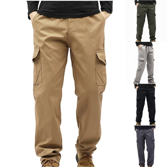 DDAPJ pyju Men's Fleece Lined Pants Big and Tall Thermal Cargo Pants Winter Hiking Pants Ripstop Work Pants with Multi Pockets Khaki M