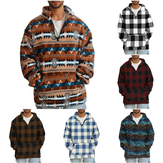 DDAPJ pyju Men's Fuzzy Sherpa Sweatshirt Quarter Zip Long Sleeve Casual Pullover Sweatshirts Fall Winter Fleece Sweatshirt with Kangaroo Pocket Flash Deals Wine L