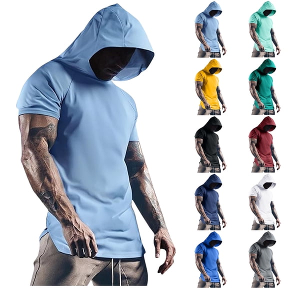 DDAPJ pyju Men's Gym Hoodies Mesh Workout Shirts Short Sleeve Athletic Muscle T-Shirts with Hood Navy XXL