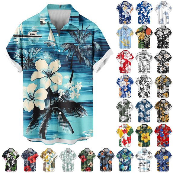 DDAPJ pyju Men's Hawaiian Shirts Short Sleeve Button Down Shirt Mens Vacation Shirts Summer Beach Casual Tropical Shirts for Men Multicolor M
