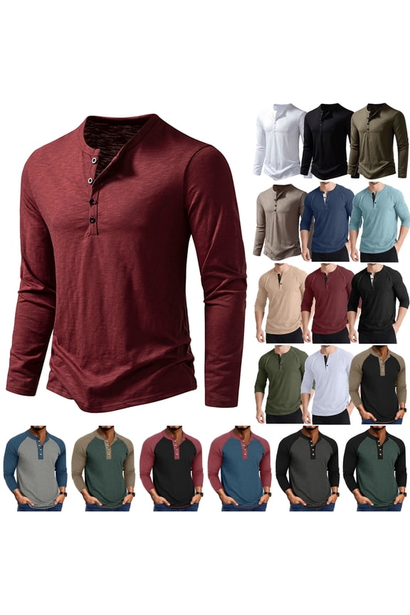 Men's Henley Shirts Long Sleeve Fashion Casual Tee Basic Lightweight 4 Button T-Shirt Prime Sales Today Khaki XXL
