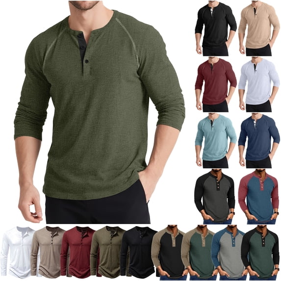 DDAPJ pyju Men's Henley T-Shirts Color Block Long Sleeve Pullover Shirt Business Casual Button Shirts Basic Tees Black L