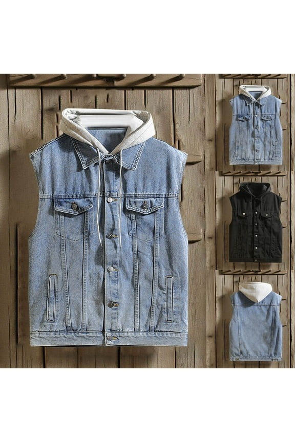 Men's Hooded Denim Vest Sleeveless Jean Trucker Jacket Western Cowboy Vests Hipster Casual Streetwear Tops Blue M