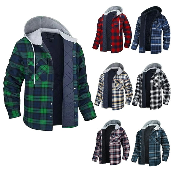 DDAPJ pyju Men's Hooded Shirt Jacket 2025 Clearance,Thick Plaid Flannel Shirts Quilted Lined Long Sleeve Drawstring Hoodie Coat Plus Size Winter Warm Coats with Chest Pocket S - 5XL
