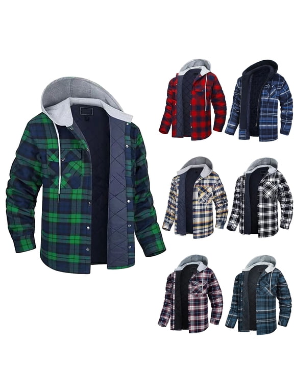 Men's Hooded Shirt Jacket 2025 Clearance,Thick Plaid Flannel Shirts Quilted Lined Long Sleeve Drawstring Hoodie Coat Plus Size Winter Warm Coats with Chest Pocket S - 5XL