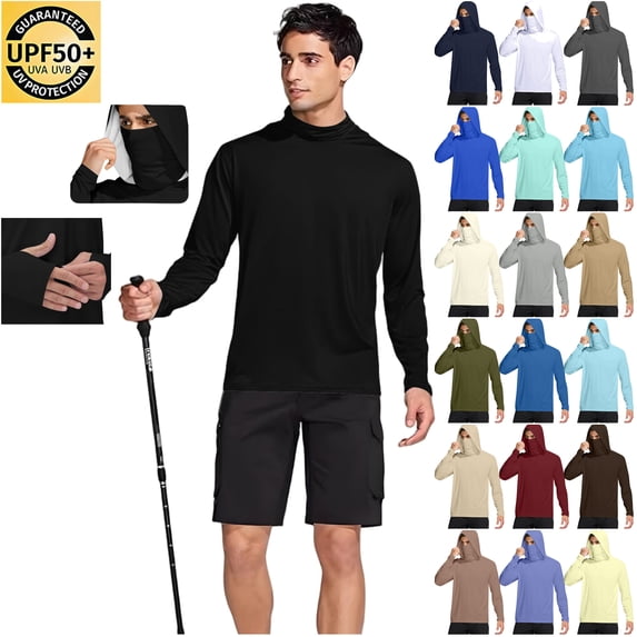 DDAPJ pyju Men's Hooded Sun Shirts with Mask Fishing Shirts for Men Long Sleeve UPF 50 Rash Guards Cooling Hoodies Hiking Shirts Brown XL