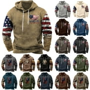 DDAPJ PYJU Men's Hooded Sweatshirt Fashion, American Flag Print Patriotic Hoodie Long Sleeve Drawstring Pullover Sweatshirts with Front Pocket Brown XL