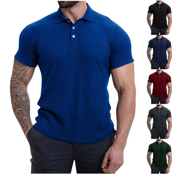 DDAPJ pyju Men's Knit Polos Shirts Solid Color Short Sleeve Golf Shirt Business Casual Textured Shirt Slim Fit Stretch Collared T-shirt Summer Clearance Sales Dark Blue S