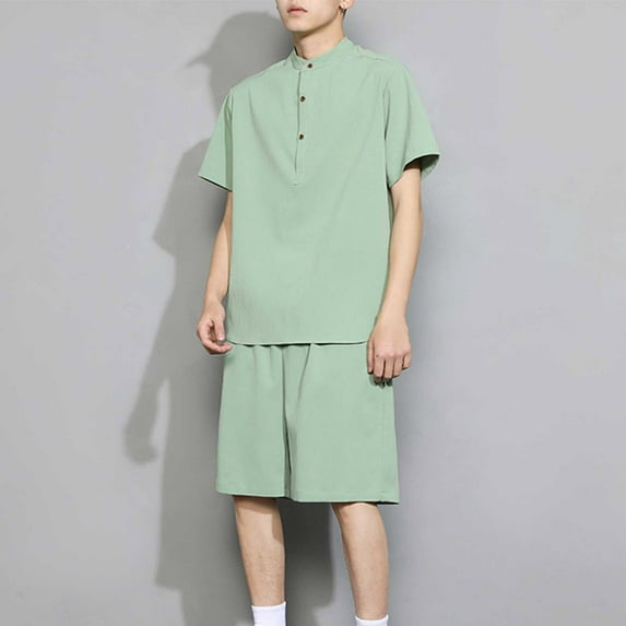 DDAPJ pyju Men's Linen Shirt and Shorts Set Short Sleeve Collared T-shirt Drawstring Shorts 2 Pieces Beach Outfits Basic Solid Matching Lounge Sets Green XXXL