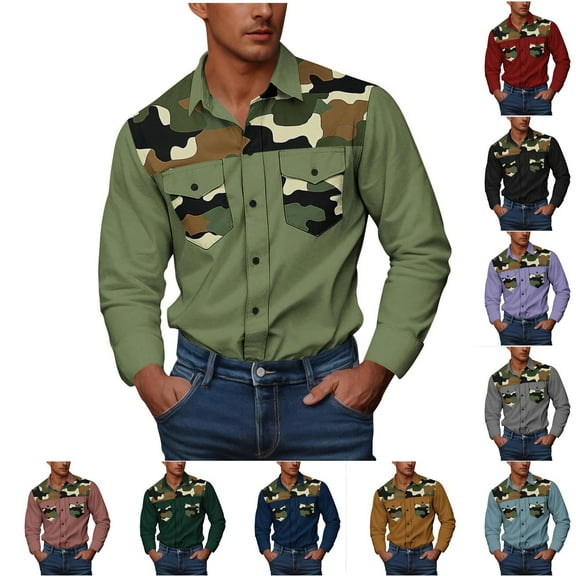 DDAPJ pyju Men's Long Sleeve Camo Shirts Button Down Lapel Collared T-Shirt Lightweight Travel Work Shirts Outdoor Military Camping Tops with Pockets Green XXL