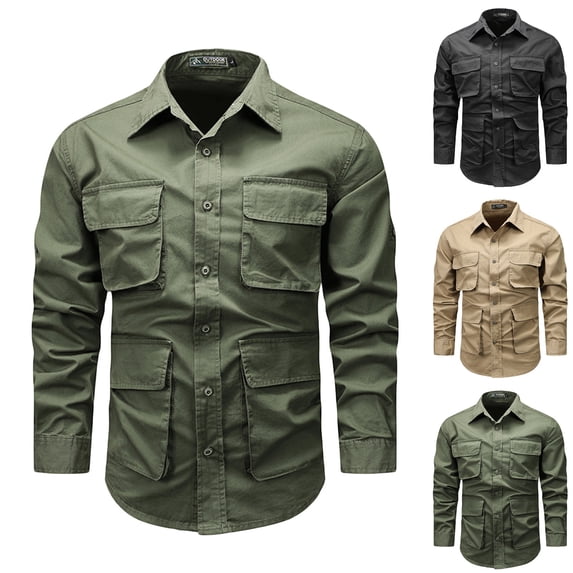 DDAPJ pyju Men's Long Sleeve Cargo Shirts Ristop Cotton Hiking Work Shirt Lightweight Outdoor Military Tactical Button Down Shirts with Pockets Khaki M