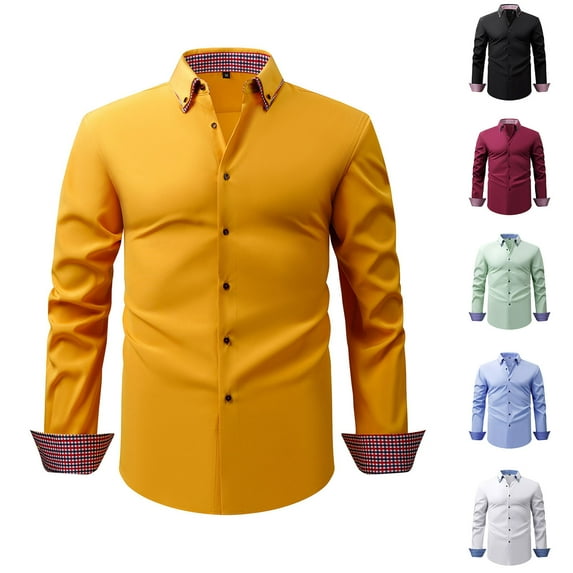 DDAPJ pyju Men's Long Sleeve Dress Shirt Plaid Collar Casual Button Down Shirts Slim Fit Wrinkle Free Formal Business Shirt Today's Sales Gold XXL