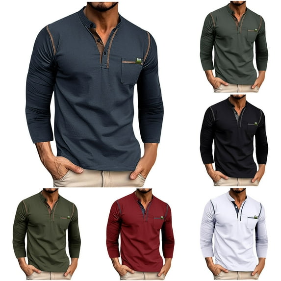 DDAPJ pyju Men's Long Sleeve Henley Shirt with Pocket,Lightweight Button Cotton T-shirt Slim Fit Reglan Muscle Shirts Color Block Basic Work Office Shirt 2025