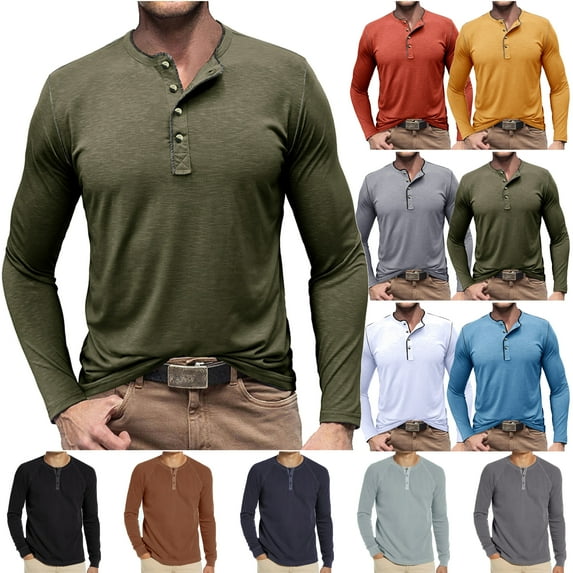 DDAPJ pyju Men's Long Sleeve Henley Shirts Regular Fit Cotton Casual 3 Button T Shirt Soft Comfy Collarless Shirt Yellow XXL