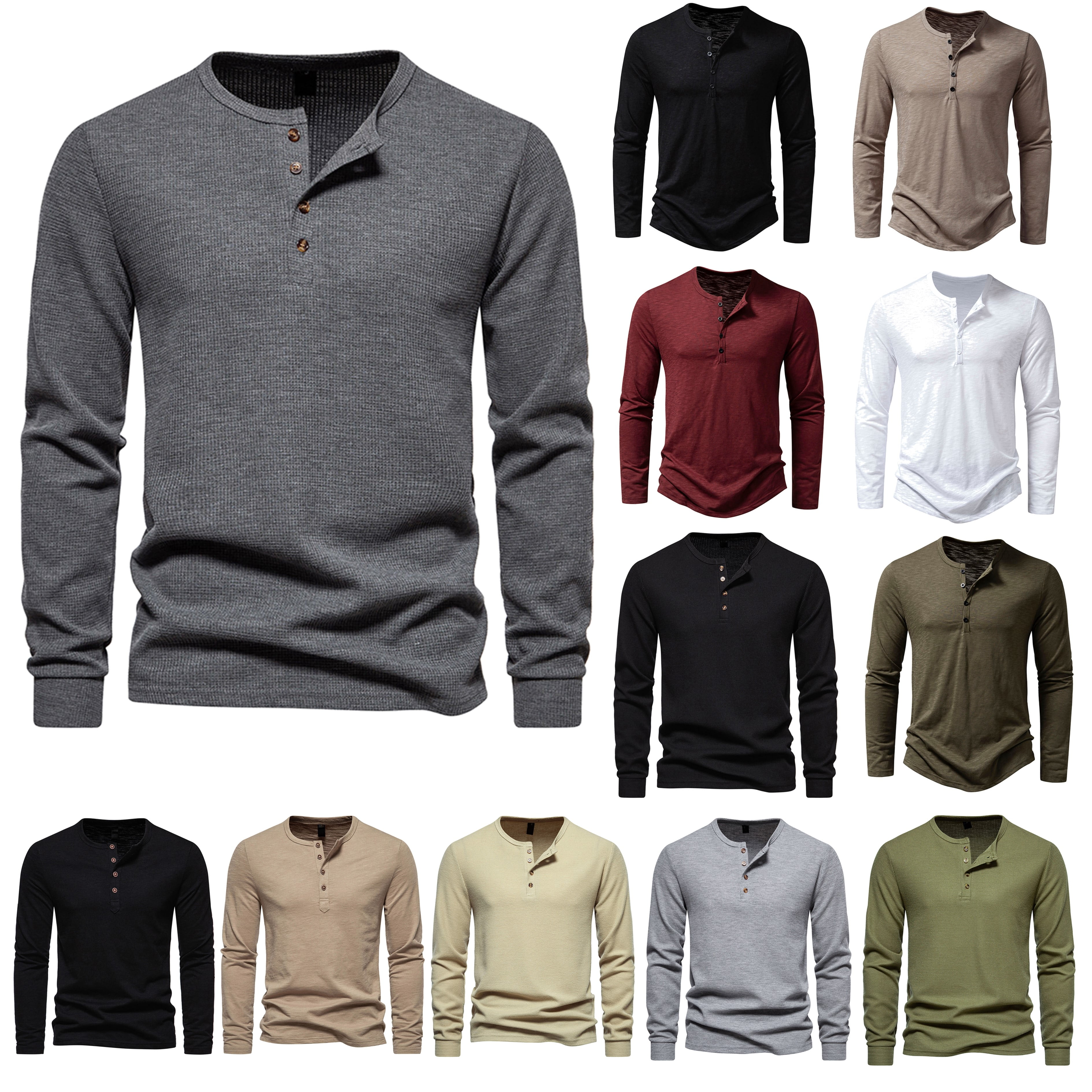 DDAPJ pyju Men's Long Sleeve Henley Shirts Stretch Collarless T-Shirts ...