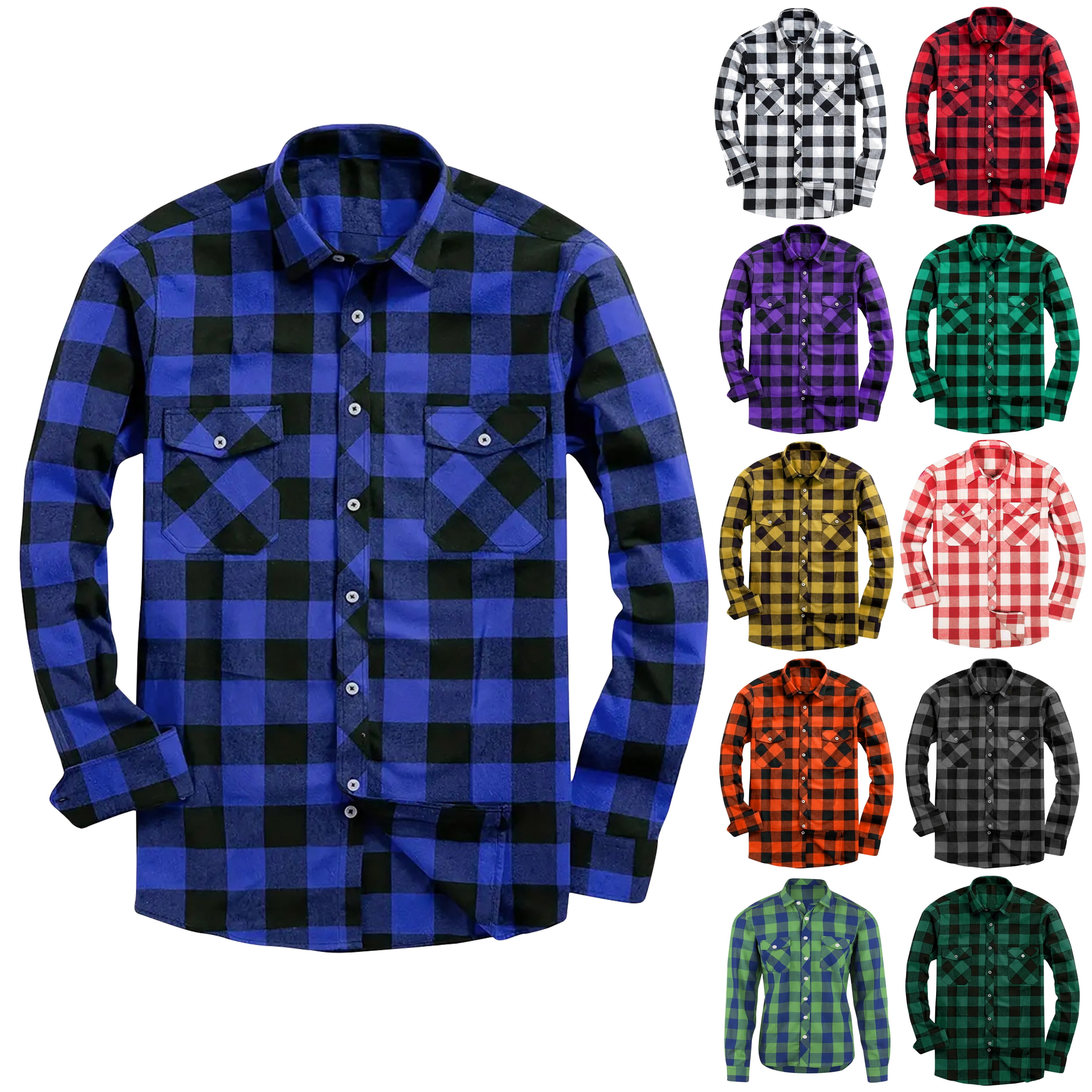 DDAPJ pyju Men's Long Sleeve Plaid Shirt Twill Casual Button Down ...