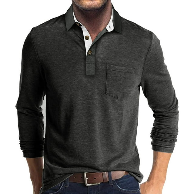 DDAPJ pyju Men's Long Sleeve Polo Shirt with Pocket,Lightweight Button ...