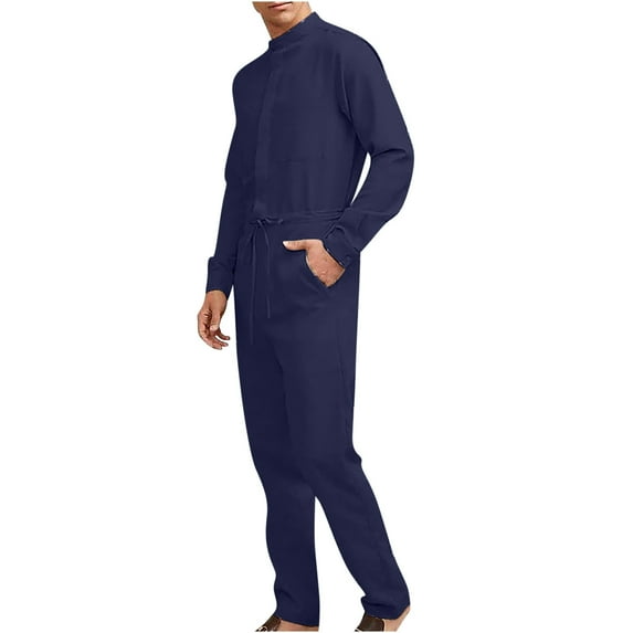 DDAPJ pyju Men's Long Sleeve Work Jumpsuit Clearance Sales,Big and Tall Zip Up Overall Solid Color Cotton Linen Jumpsuits Casual Drawstring Pants One Piece Tracksuit with Pockets