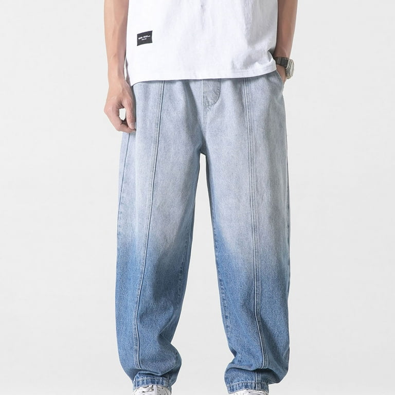 Men Loose Straight Leg Jeans Vintage Washed Denim Pants Hip Hop Streetwear