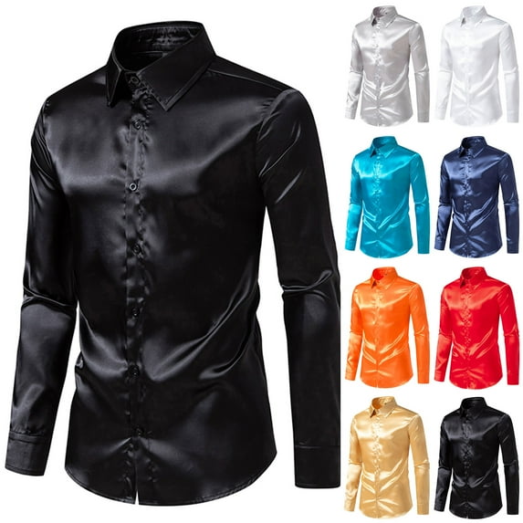 DDAPJ pyju Men's Luxury Shiny Silk Like Satin Dress Shirt Long Sleeve Button Down Shirts Slim Fit Casual Business Shirt Wedding Party Prom Shirts Gray XXL
