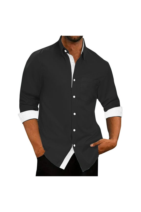 Men's Oxford Dress Shirts Clearance Sales,Wrinkle-Free Long Sleeve Button Down Shirt Regular Fit Casual Business Shirts Contrasting Color Design Roll-up Sleeves Work Shirt