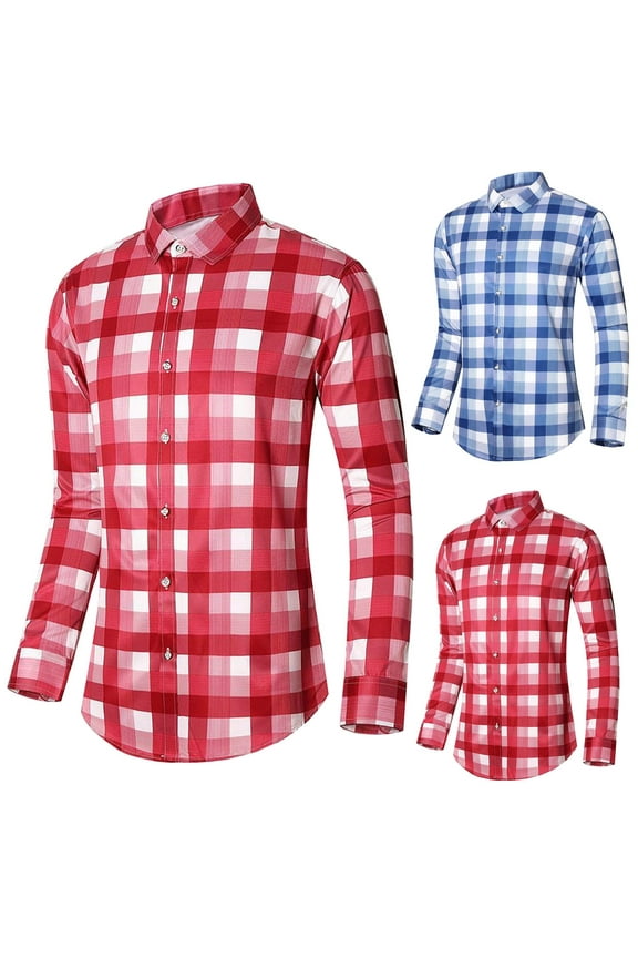 Men's Plaid Button Down Shirts Cotton Long Sleeve Dress Shirts Slim Fit Gingham Shirts Red XXXL