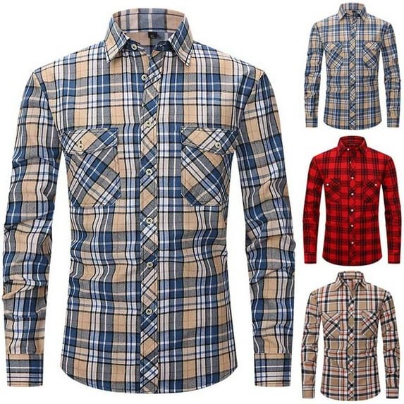DDAPJ pyju Men's Plaid Cotton Shirt Slim Fit Stretch Business Casual Button Down Shirts Western Work Shirt Lightweight Gingham Shirts with Pockets on Sale Blue M